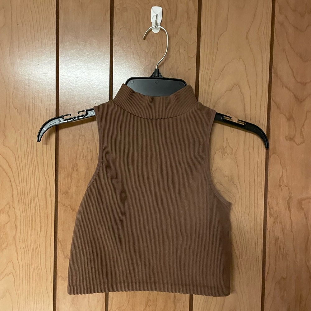 Brown Sleeveless Ribbed Turtleneck Top